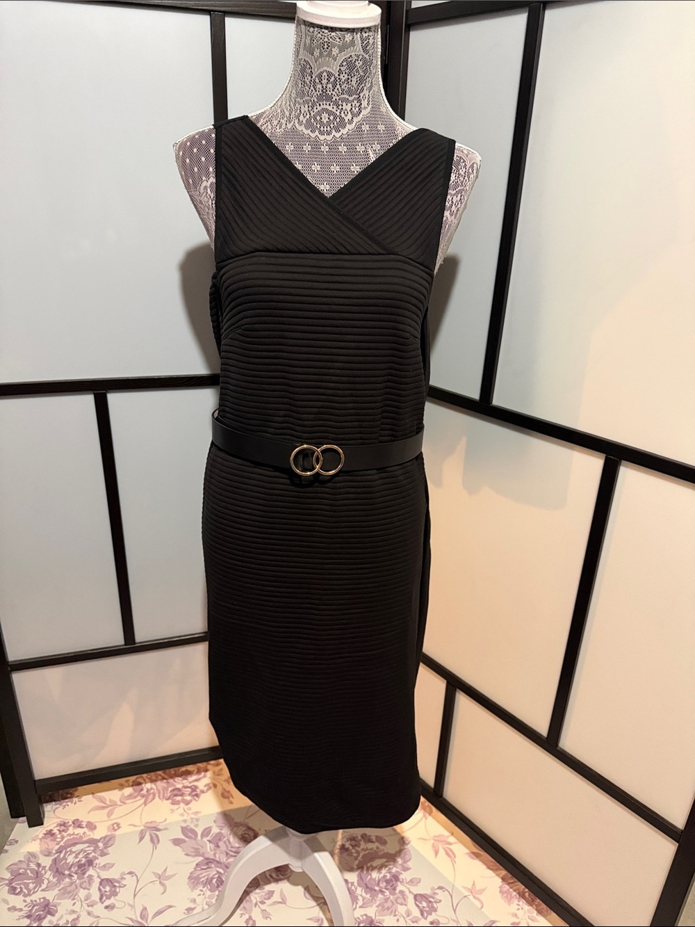 Women’s Black Ribbed ITALIAN DESIGNER Midi Dress - BELT NOT INCLUDED